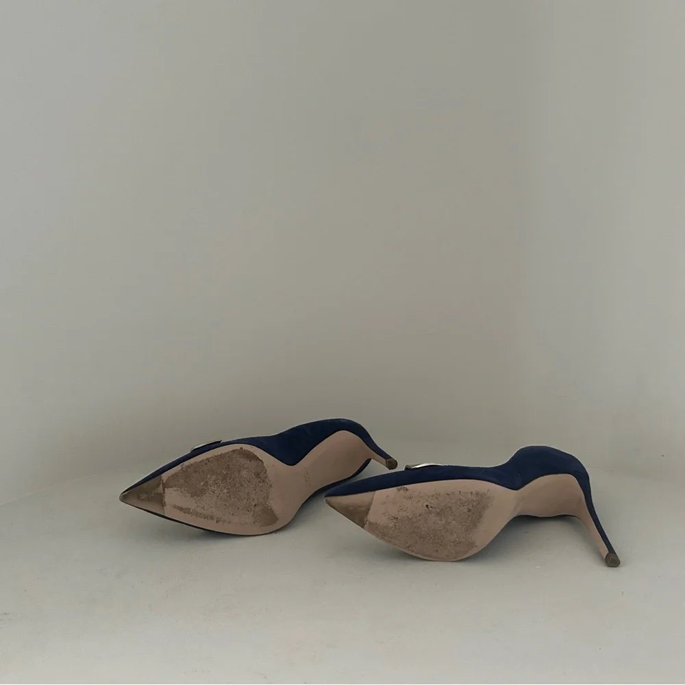 Stuart Weitzman Navy Blue Suede Pointed Toe Heels with Silver Accent - Picture 8 of 11
